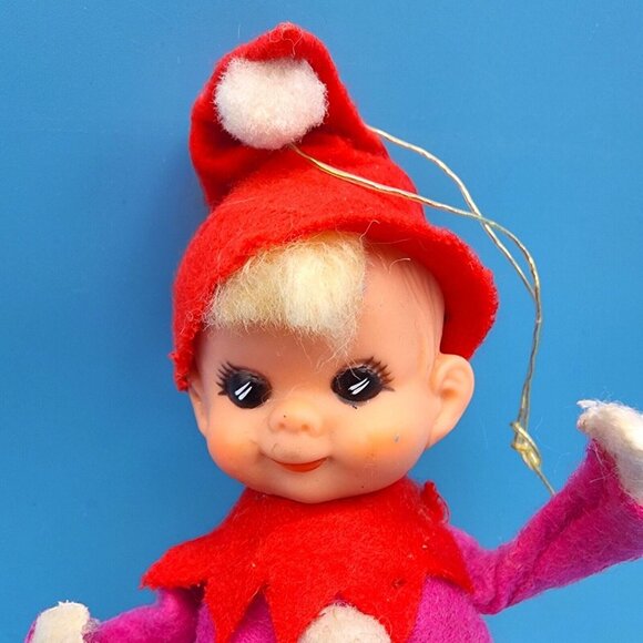Vintage 1950s Pixie Elf Ornament Pink and Red Hat Pom-Poms Japan Felt Christmas - Picture 4 of 9
